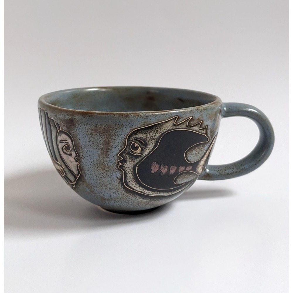 Vintage Mara Mexico Stoneware Fish Mug‎ Oversized Studio Art Pottery Sgraffito